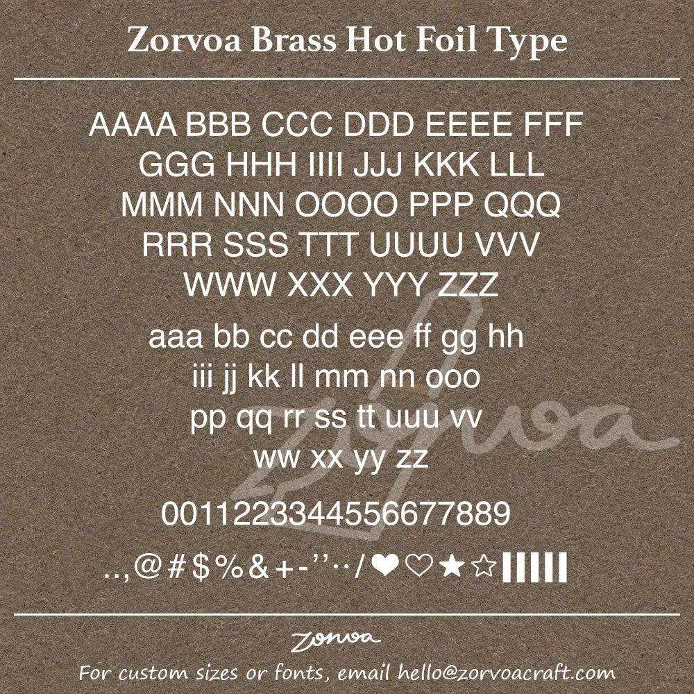 Zorvoa 6mm brass hot foil stamping letter set font 2 modern style showing uppercase lowercase alphabet digits and special characters